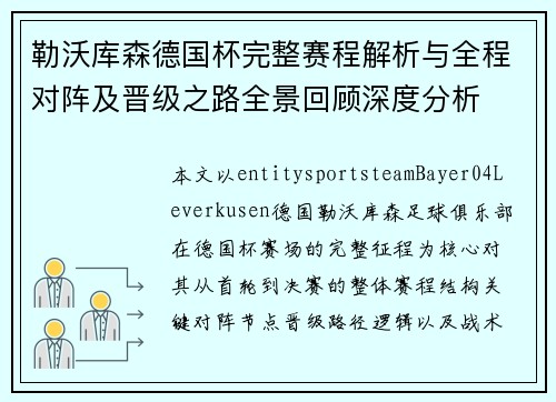 勒沃库森德国杯完整赛程解析与全程对阵及晋级之路全景回顾深度分析