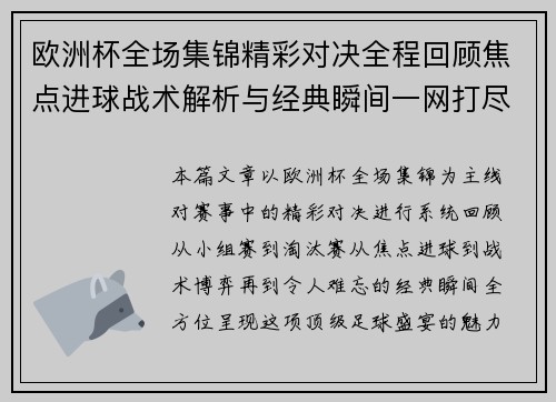 欧洲杯全场集锦精彩对决全程回顾焦点进球战术解析与经典瞬间一网打尽